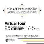 Graphic, "The Art of the People: Contemporary Anishinaabe Artists, Virtual Tour, Thursday, February 25, 2021, 7:00pm - 8:00pm, GVSU Art Gallery logo, Free for everyone, RSVP required. on February 25, 2021